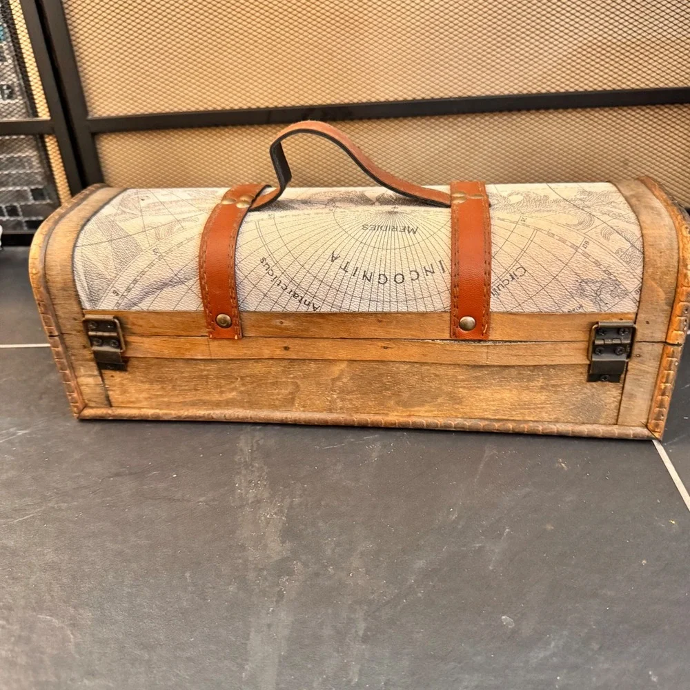 Wrap Art Single Bottle Wood Box World‎ Map Design Decorative Treasure Chest Case